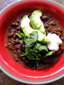 Sweet Potato & Black Bean Chili with avocado, cilantro & sour cream